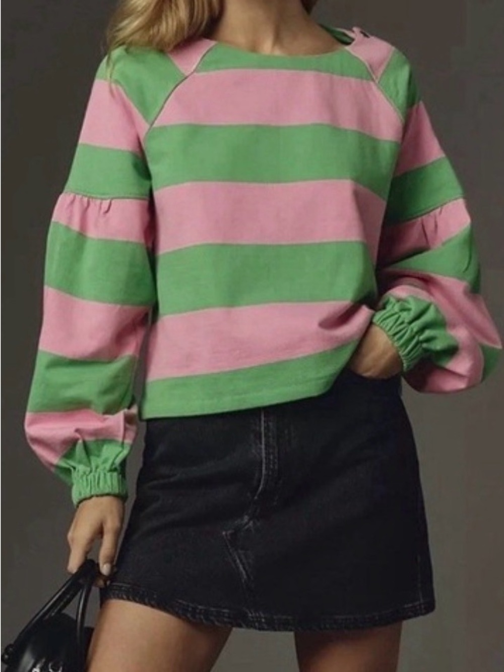 Maeve Pink and Green Striped Puff-Sleeve Sweatshirt